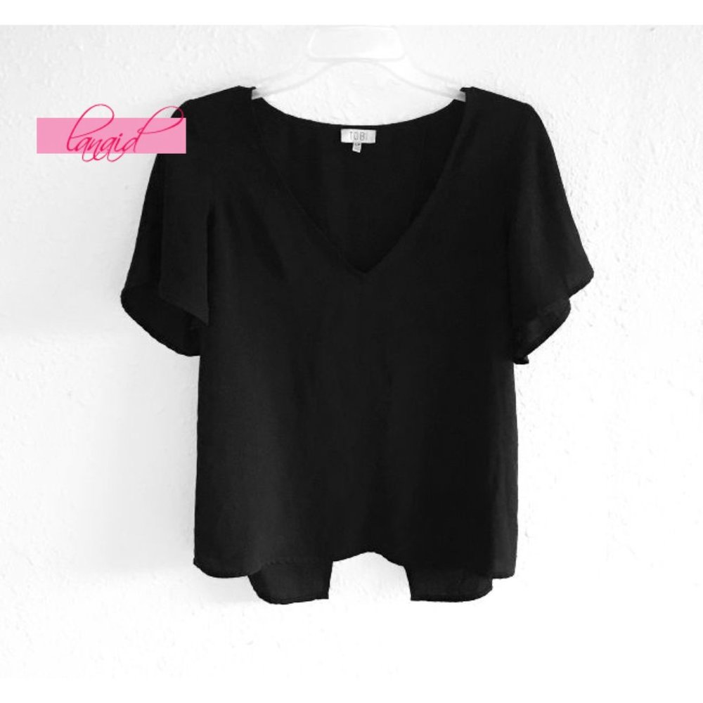 Tobi Open Back Black Chiffon V-Neck Flutter-Sleeve Blouse Top Backless Cut-Out S